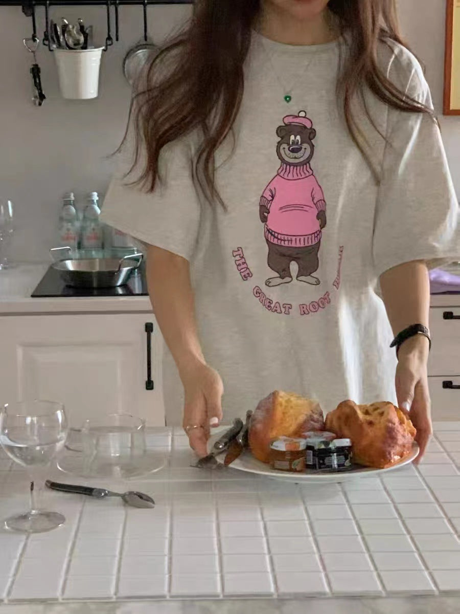 Women's Loose Round Neck Short-sleeved Bear Printed T-shirt