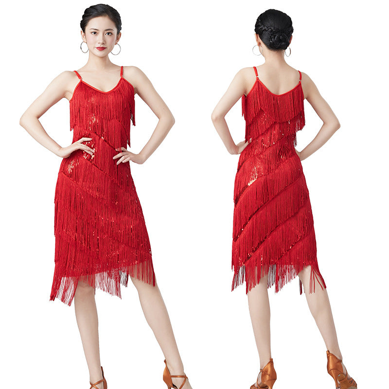Latin Dance Sequins Tassel Dress Suit