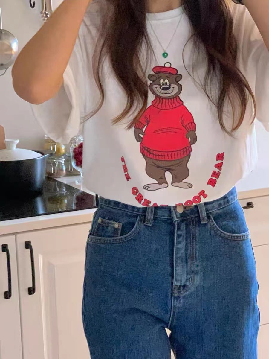 Women's Loose Round Neck Short-sleeved Bear Printed T-shirt